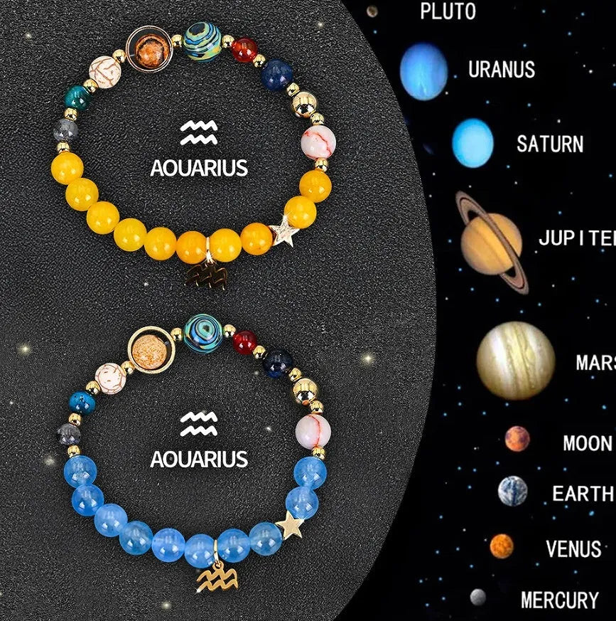 Two natural stone beaded bracelets with adjustable strings for zodiac signs.