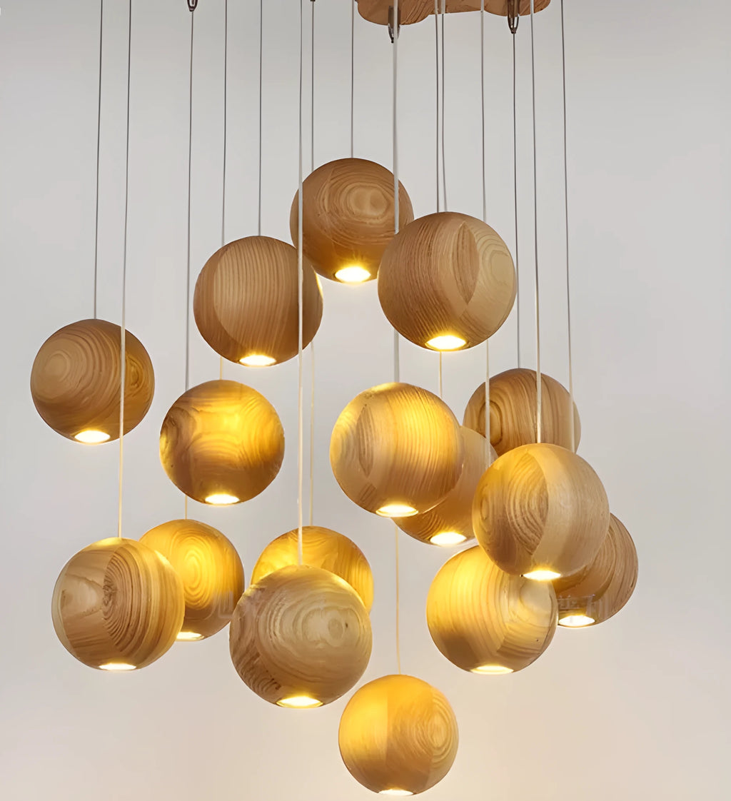 Nordic wood ball chandelier pendant light with adjustable height and wooden disc base