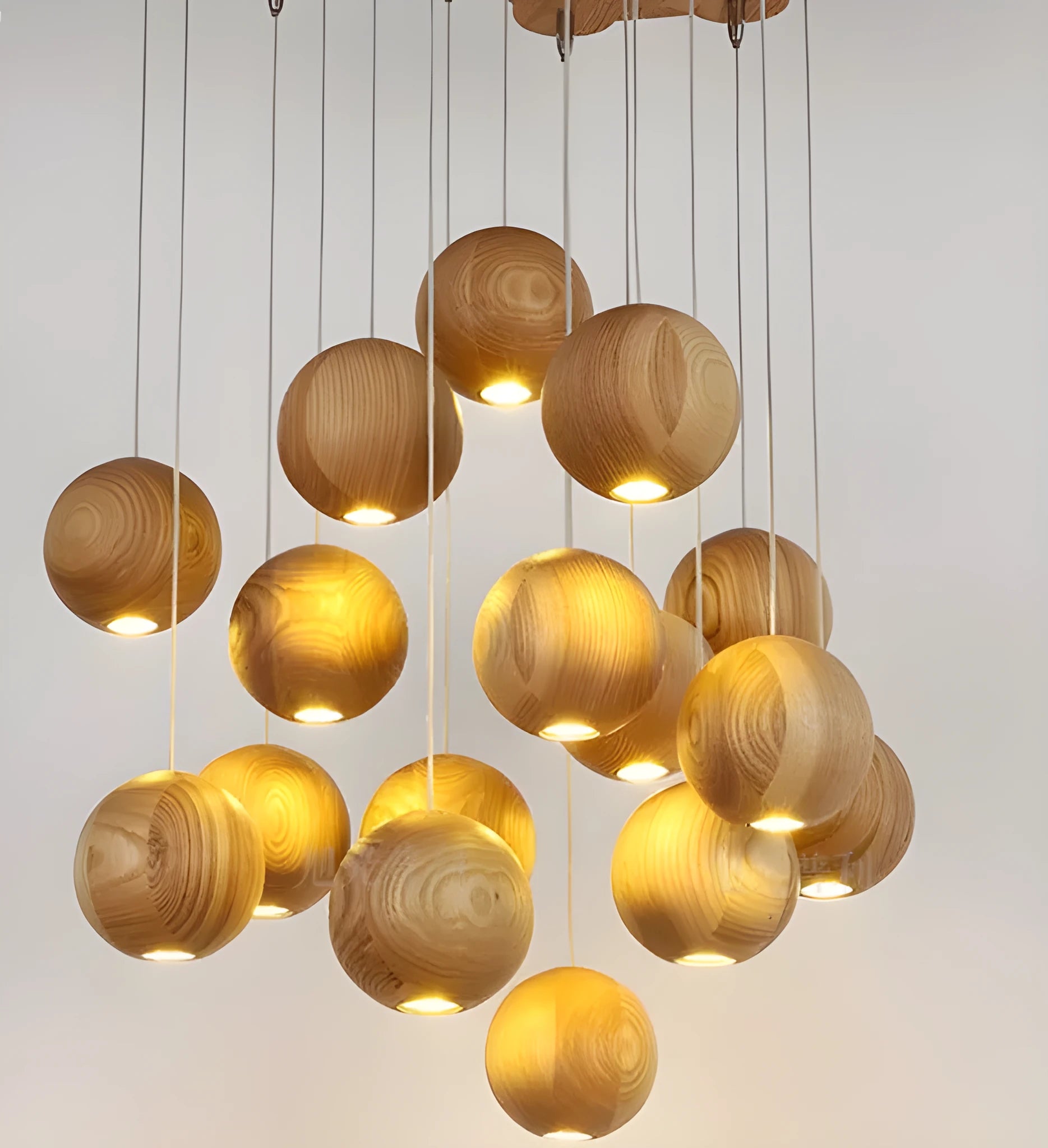 Nordic wood ball chandelier pendant light with adjustable height and wooden disc base