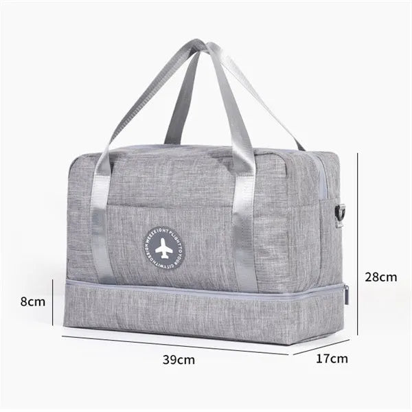 Dry and wet separation travel bag in purple made of waterproof cationic Oxford cloth, showing cube shape with double chambers