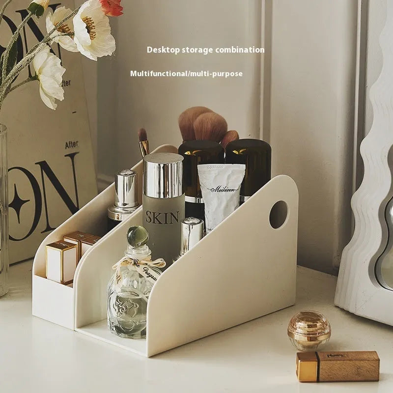 Plastic desktop storage box with two compartments in ivory white or milk coffee colour