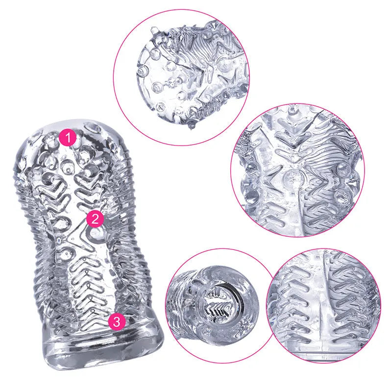 Transparent TPE airplane bottle male penis exerciser with seven stage options