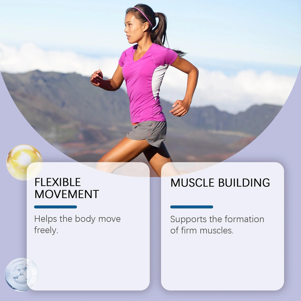 Bottle of 60 collagen and multivitamin capsules with marine collagen, vitamin C, D3, K2 and calcium.
