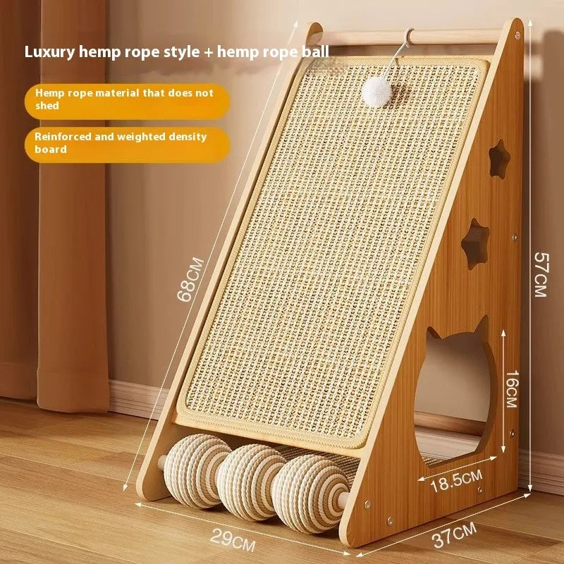 Vertical wall-mounted cat scratch board with sisal surface, featuring a dangling teasing ball and hemp rope.