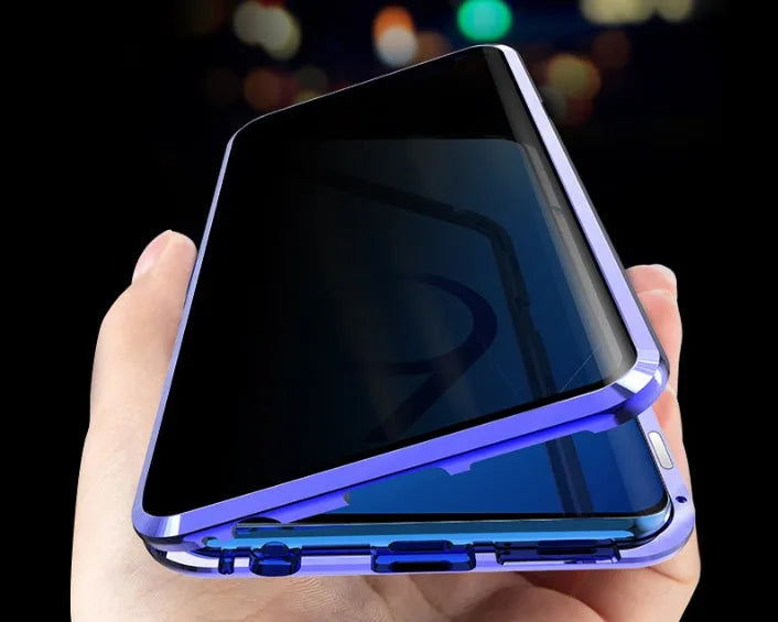 Black anti-peeping magnetic phone case for Samsung Galaxy shown in clamshell open position