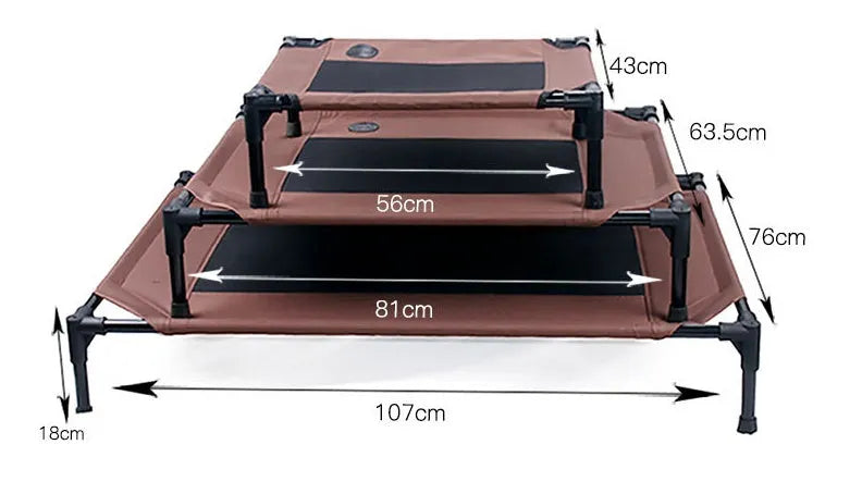 Coffee-coloured Oxford cloth pet bed on a painted metal tube frame, with removable washable surface, available in three sizes.