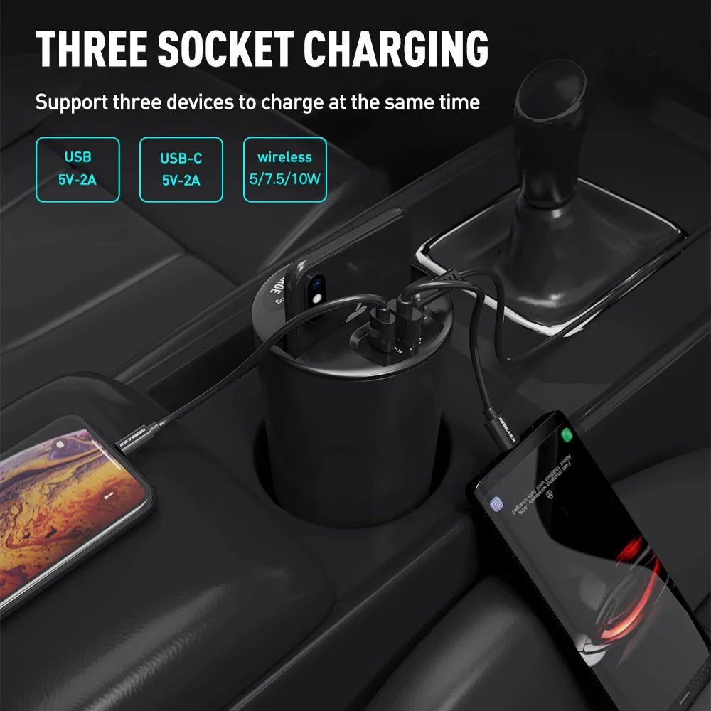 Black X9 car wireless charging cup with detachable base on a car dashboard, showing LED light and phone charging.