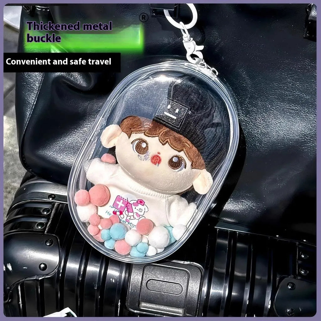 Transparent PVC cube storage bag with keychain for doll clothes and small items.