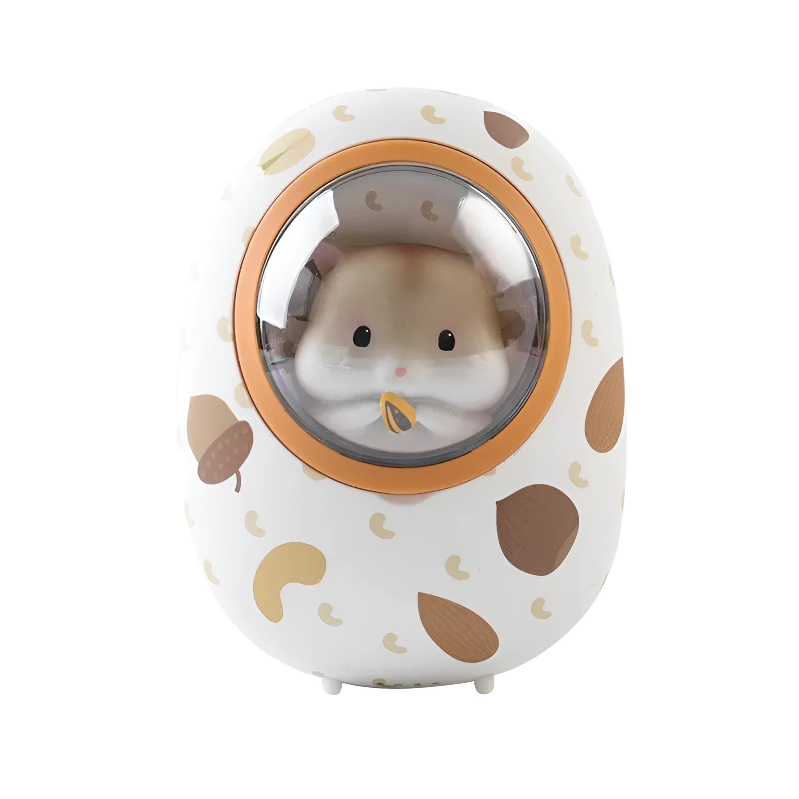 White Hamster hand warmer power bank with space capsule design showing charging port and heating controls