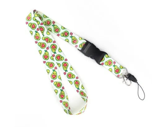 Avocado and fruit cartoon design on a double-sided white polyester phone lanyard with a black plastic buckle.