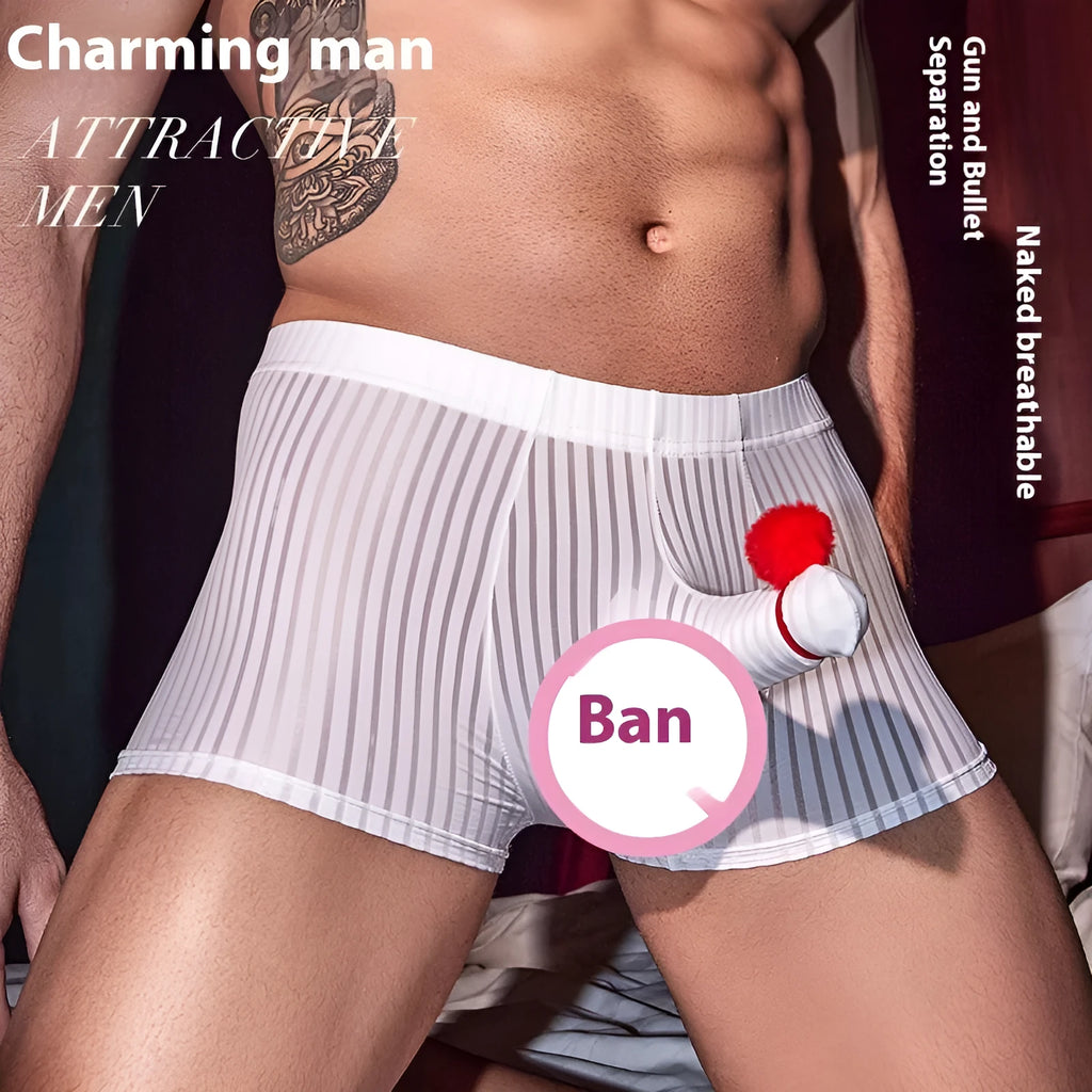 Men's black striped nylon boxer briefs laid flat, showing the elastic waistband and leg openings.