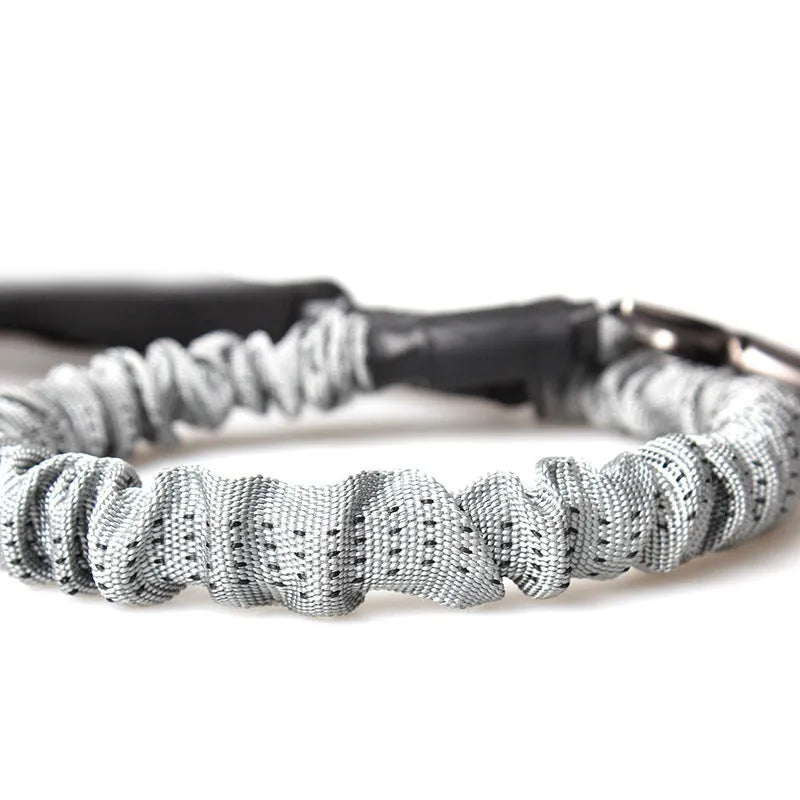 Grey adjustable nylon dog chest strap leash on a golden retriever, showing extended length settings