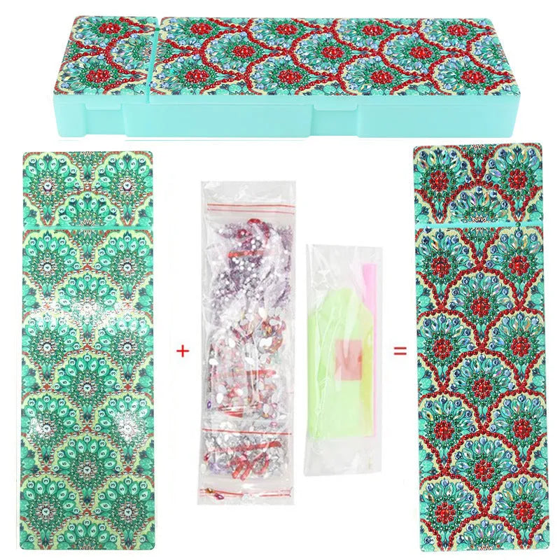 DIY diamond painting kit with PU leather wristlet pencil case, resin diamonds, and crafting tools laid out.