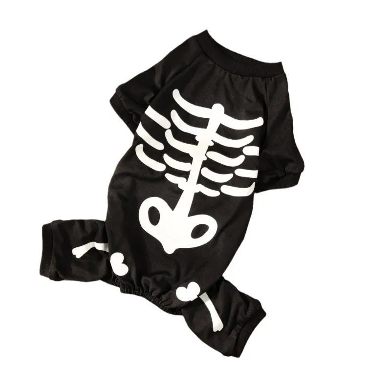 Halloween dog costume with luminous skull bones design on four-legged polyester garment