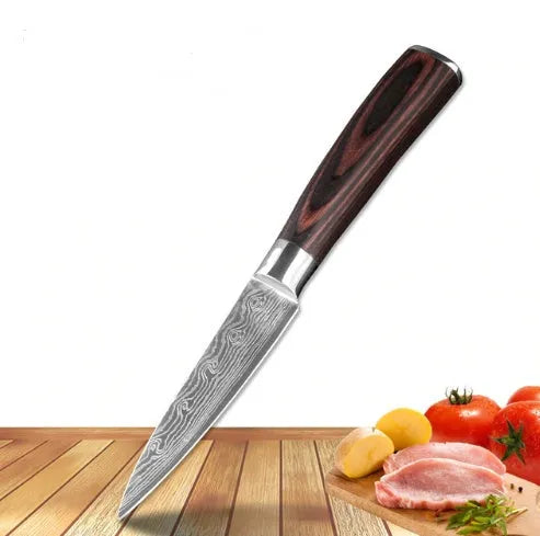 7Cr17 stainless steel kitchen knife with coloured wood handle and Damascus pattern blade on a black gift box.