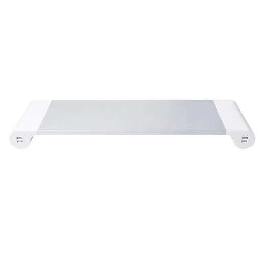 Aluminium and plastic computer monitor stand with four USB ports and hidden keyboard storage underneath