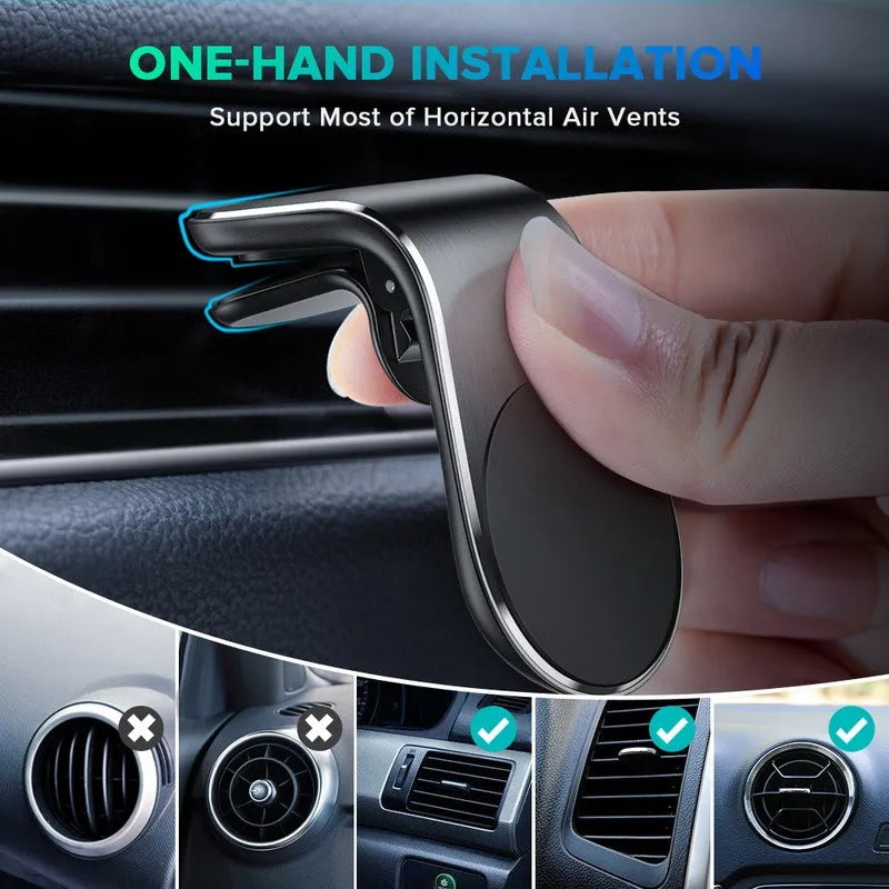 Car phone bracket mounted on vehicle air vent in silver finish showing rotation adjustment