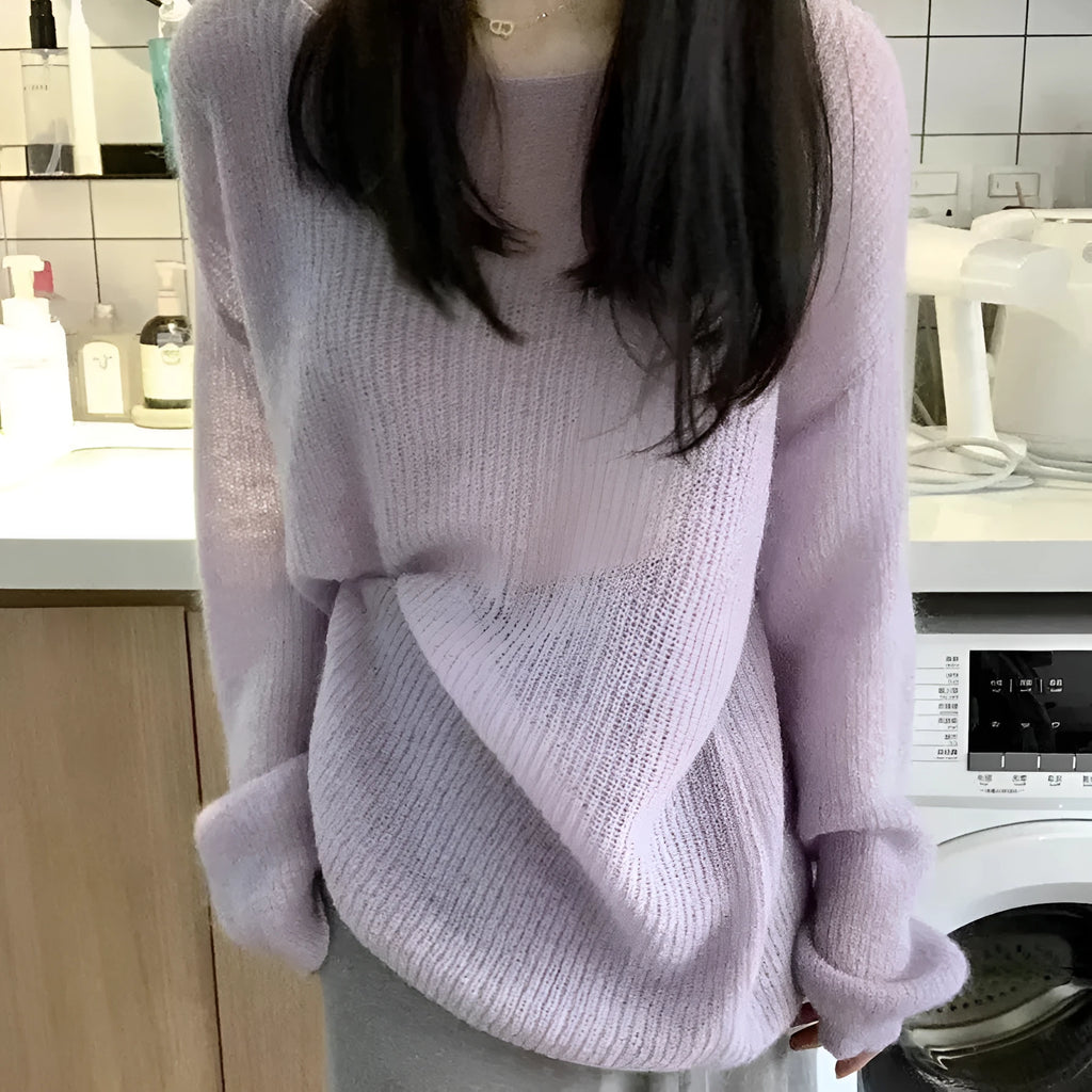Purple ice silk women's blouse with hollow-out design and princess sleeves on a hanger.