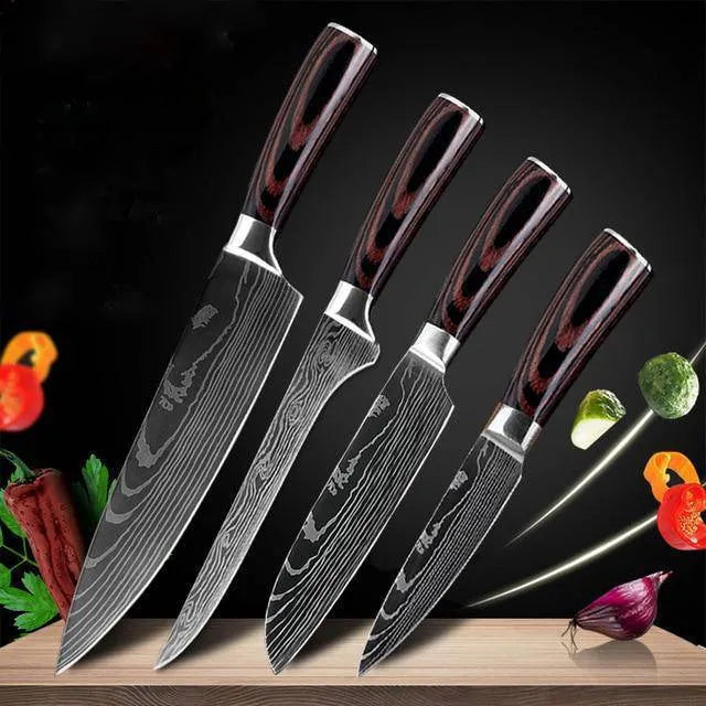 7Cr17 stainless steel kitchen knife with coloured wood handle and Damascus pattern blade on a black gift box.