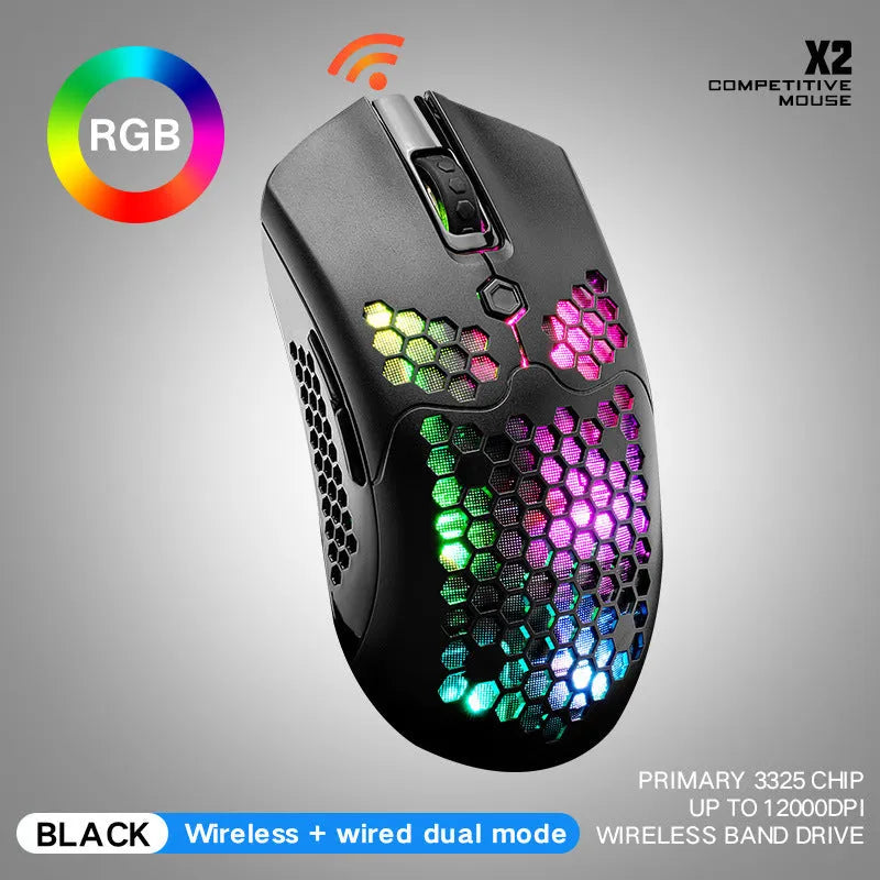 Free Wolf X2 wireless gaming mouse with RGB lighting in black, green, pink, white, or yellow colour options.
