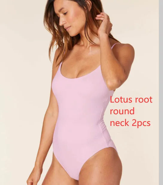 Women's solid colour backless triangle bikini set with string ties on a mannequin.