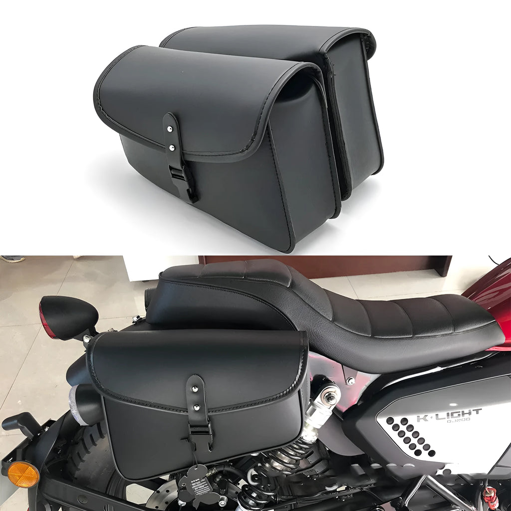 Black motorcycle swingarm saddlebag mounted on a Sportster, showing its size and side-mounting position.