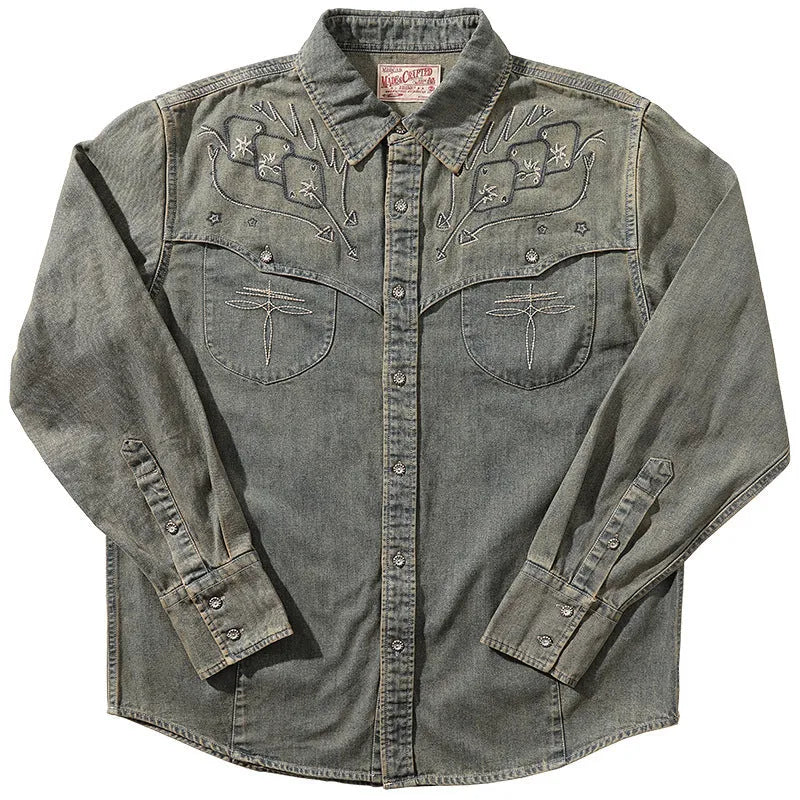 Aqua Blue denim shirt with embroidered geometric pattern on the front, long sleeves.