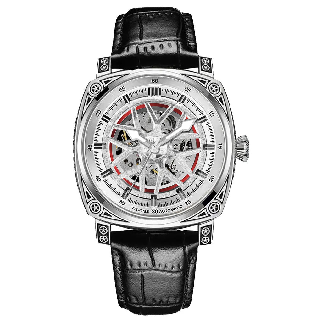 Men's automatic mechanical watch with stainless steel case and blue leather strap.