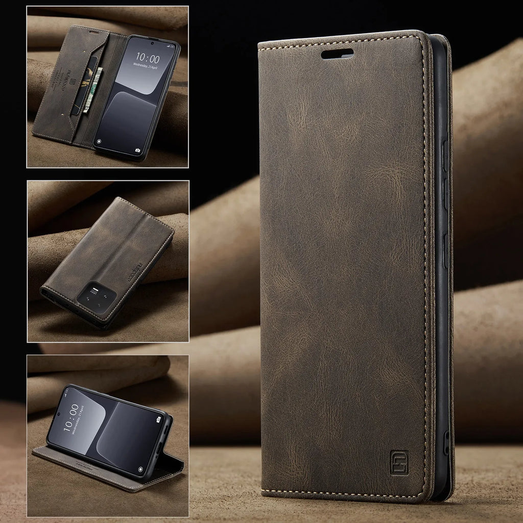 Silicone flip phone case with frosted vintage leather finish for Xiaomi 14 in black
