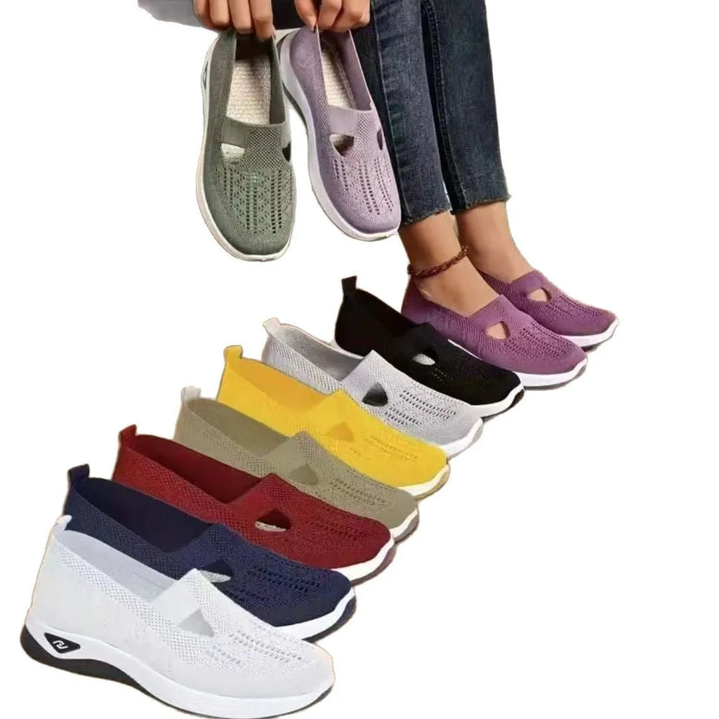 Women's soft sole casual mesh shoes with T-strap in various colours on a white background