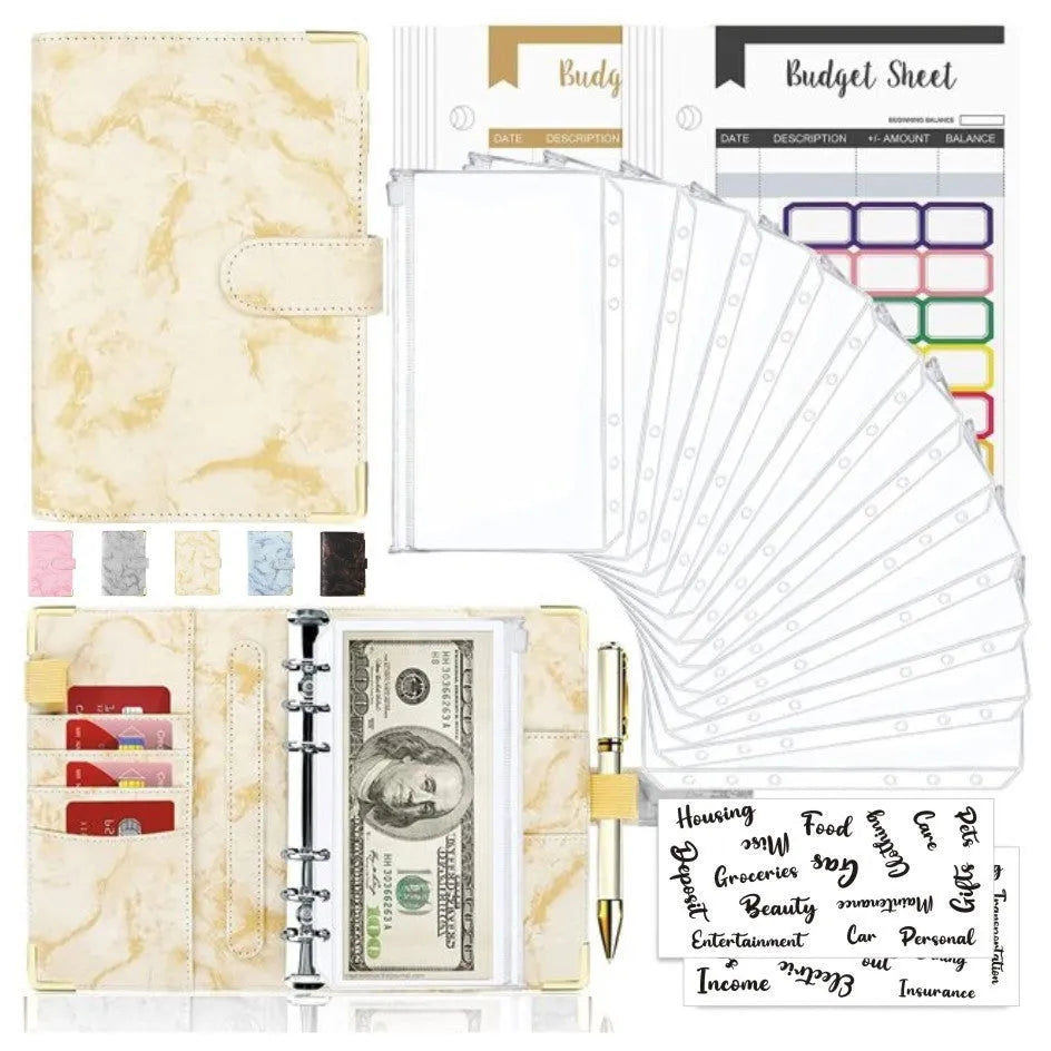 A6 loose-leaf binder journal with marbling leather PU cover, open to show budget sheets and zip pockets