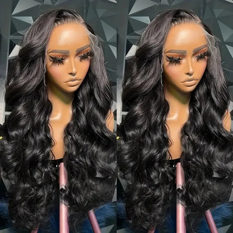 M1613 Black full-head synthetic wig with medium large curly waves and a lace mesh cap.