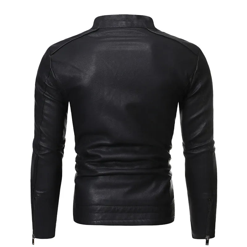 Men's loose fit motorcycle leather jacket with lapel collar and front zipper in black