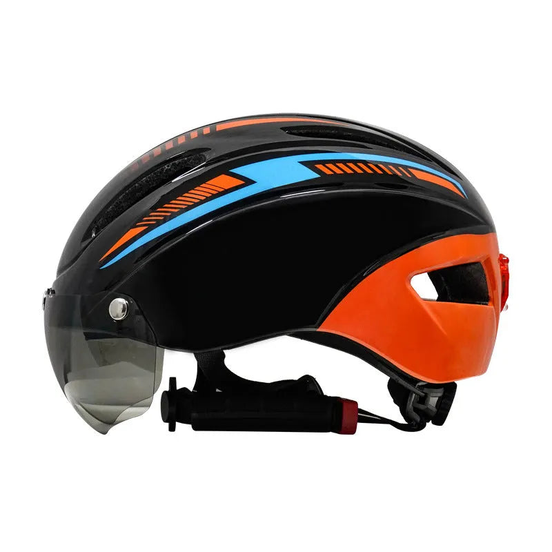 Adult bicycle helmet with integrated rear red taillight shown in a black and blue colour variant.