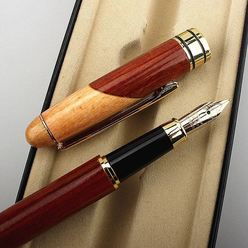 Wooden ballpoint pen with metal mechanism and presentation sleeve