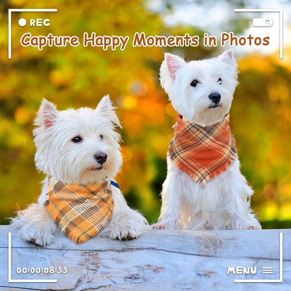 Plaid triangle dog bandana with tassel edges in autumn colours like brown, green, and orange.