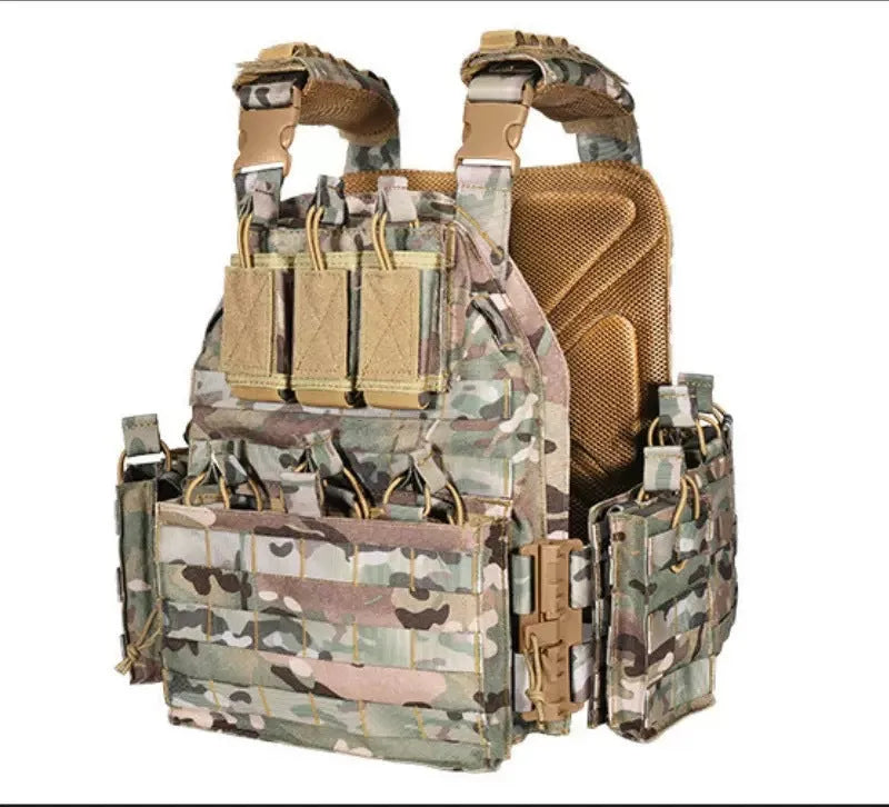 Solid colour Oxford cloth tactical vest in army green shown front view for outdoor use