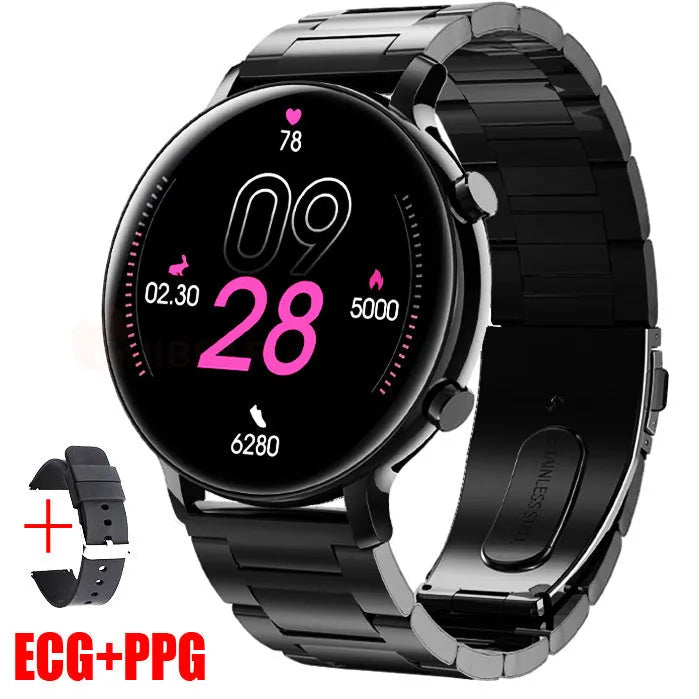 Black Bluetooth smartwatch with stainless steel strap showing call screen and heart rate monitor