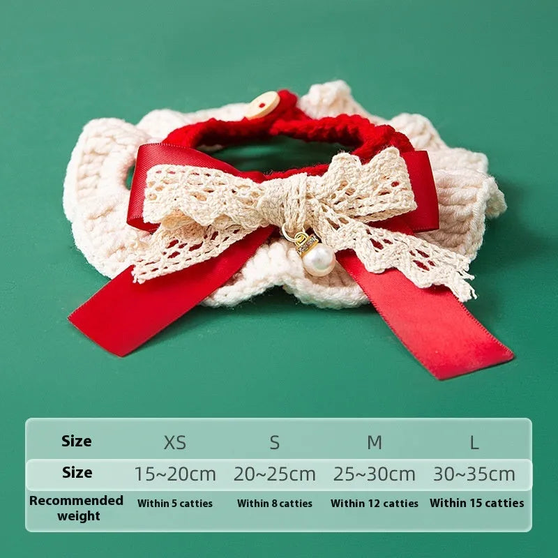 Hand knitted Christmas pet collar for cats made from milk cotton yarn with adjustable sizing and festive bow design