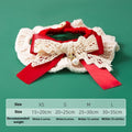Hand knitted Christmas pet collar for cats made from milk cotton yarn with adjustable sizing and festive bow design