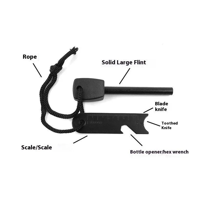 Black outdoor camping stainless steel multifunctional flint with magnesium rod and survival tools
