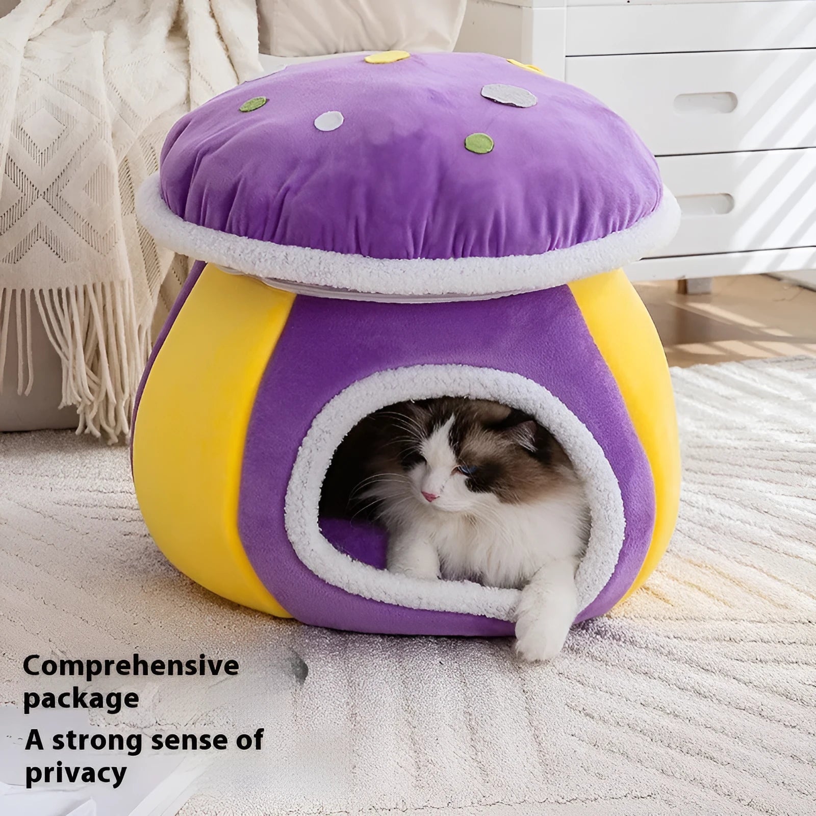 Grey mushroom-shaped plush cat bed with a detachable blanket and rabbit plush lining