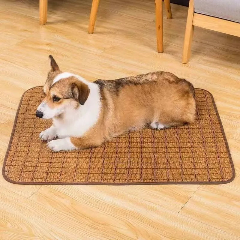 Brown rattan fibre dog cooling mat shown on a floor, available in multiple sizes.