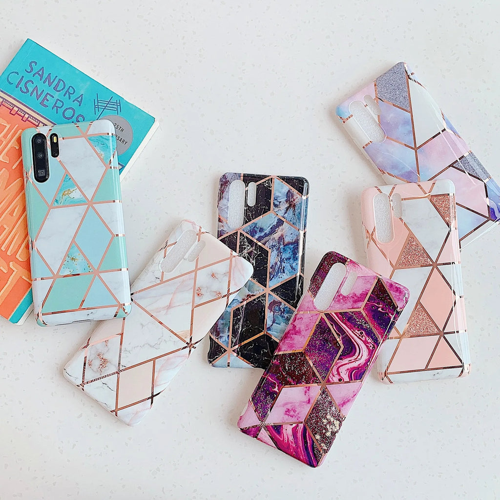 Electroplated marble phone case with metallic finish for Huawei and Samsung smartphones
