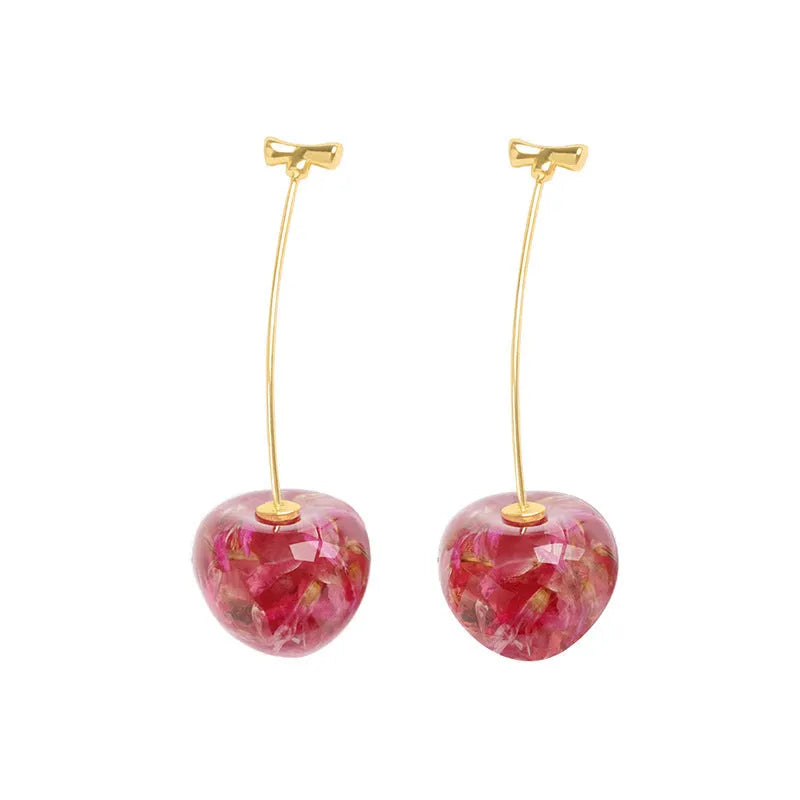 Long red French dried cherry earrings for women in plated alloy design on white background