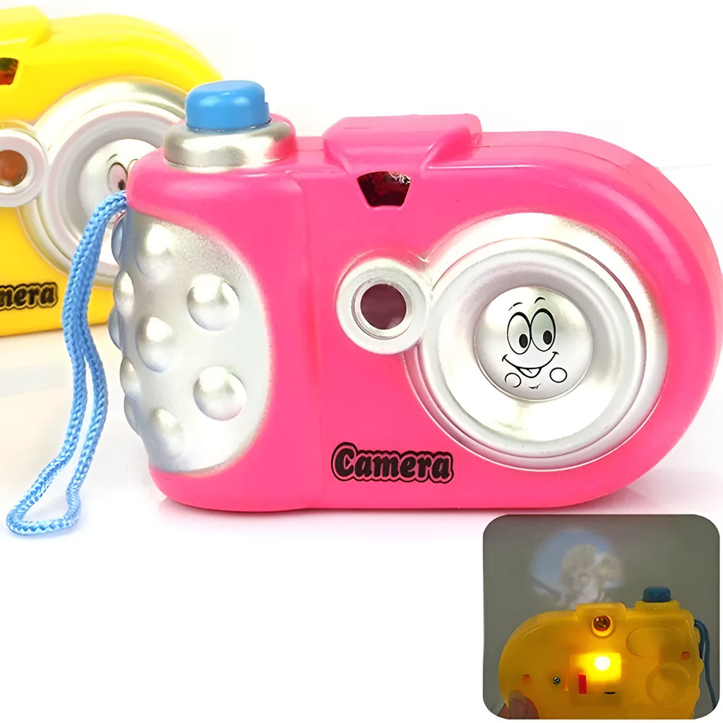 Children's plastic projection camera toy showing animal images including dinosaurs and dolphins
