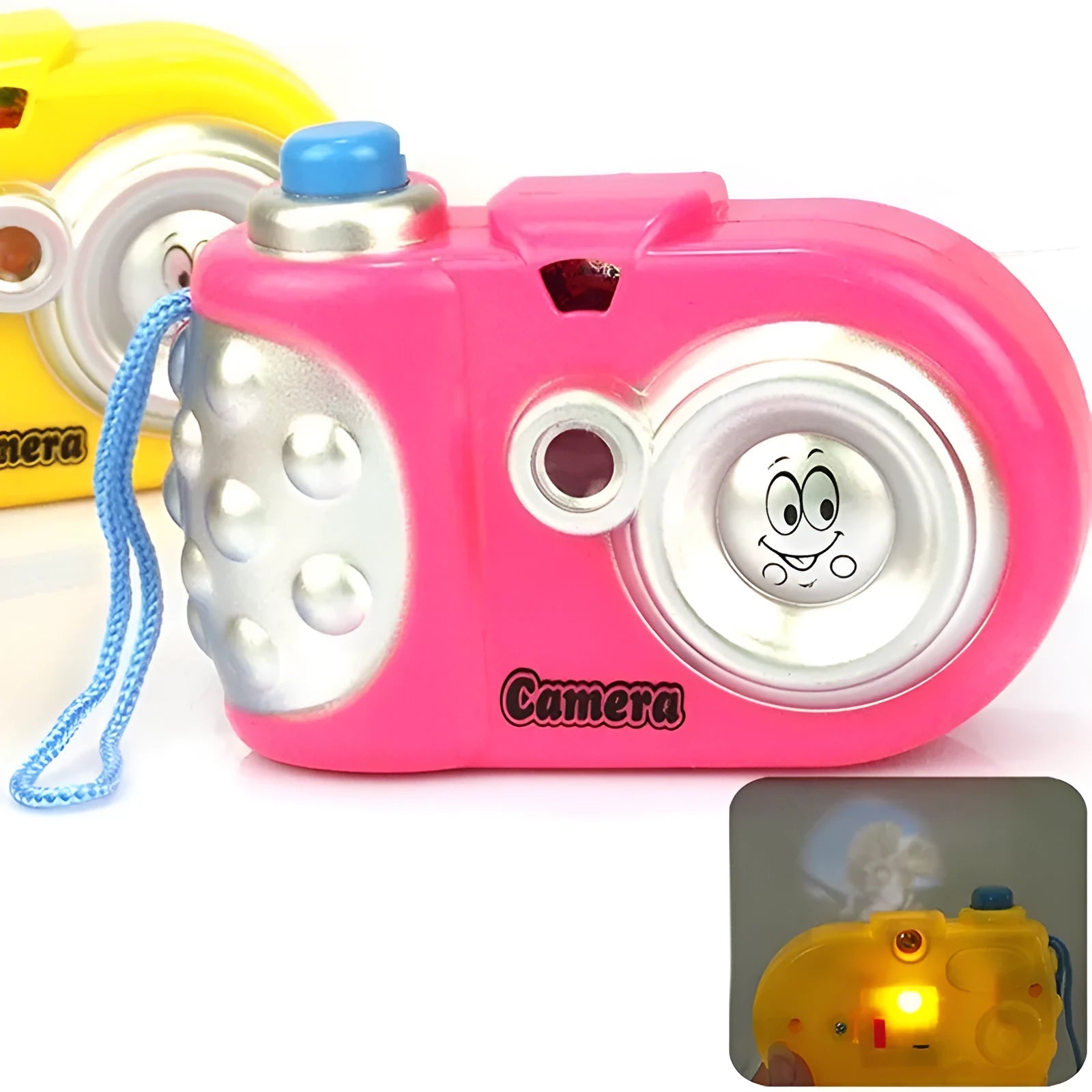 Children's plastic projection camera toy showing animal images including dinosaurs and dolphins