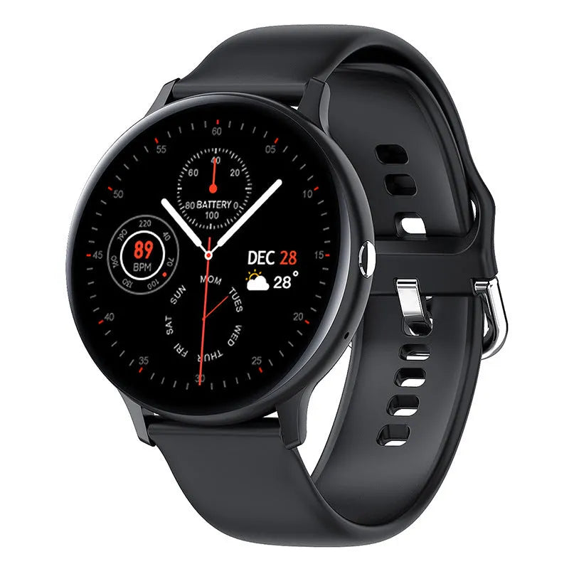 Smart bracelet sports watch with touchscreen showing heart rate display on a black TPU strap.