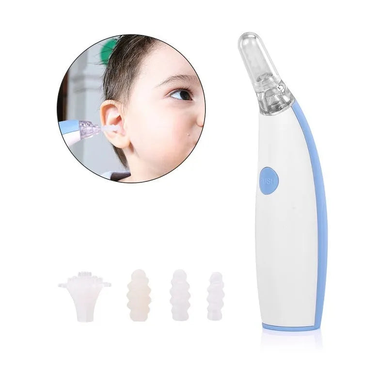 Rotating earwax vacuum cleaner with spiral silicone head, LED light, blue and pink colour options