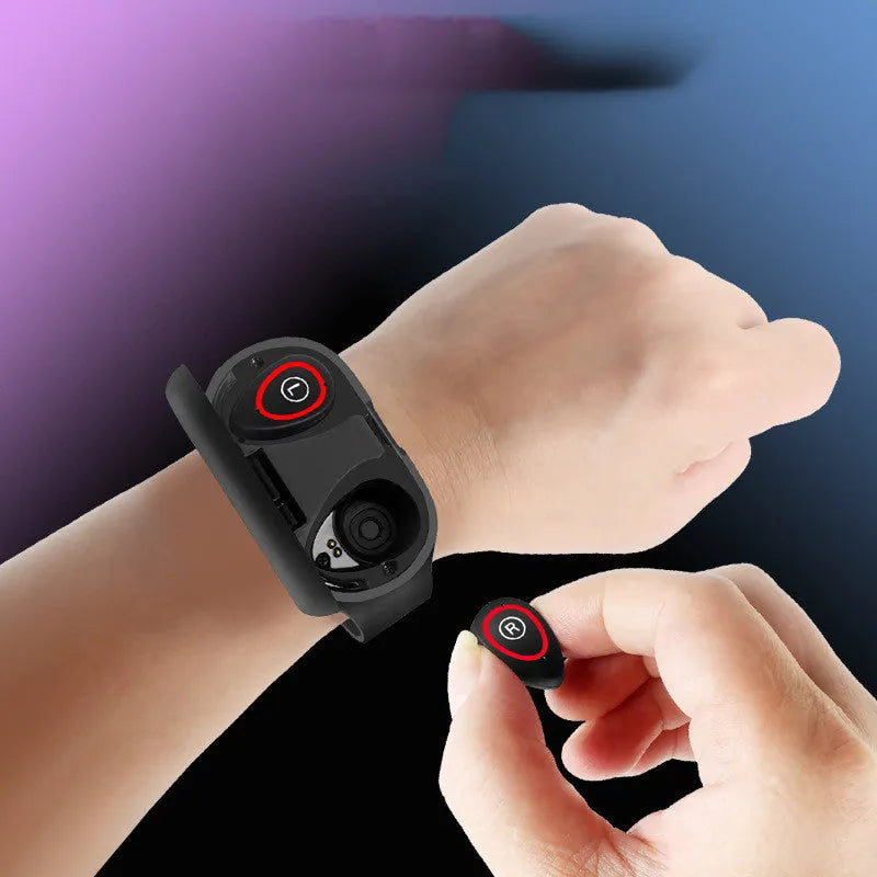 Black silicone smart fitness bracelet with integrated earphones and 1-inch touchscreen display